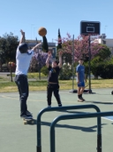 Ragazzo su uno skateboard di spalle si trova su un campo da basket e lancia una palla verso il canestro, dietro due ragazzi lo guardano e il primo è con le braccia alzate, In fondo ci sono alberi fioriti e il cielo azzurro.