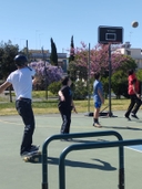 Ragazzo su uno skateboard di spalle si trova su un campo da basket e dietro tre ragazzi di spalle guardano una palla volare verso il canestro. In fondo ci sono alberi fioriti e il cielo azzurro.