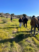 Persone camminano in un campo erboso con un cielo blu