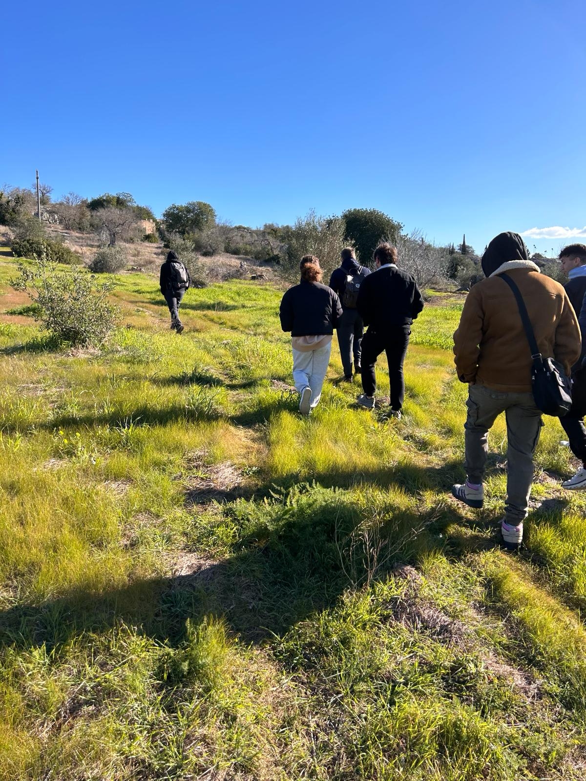 Persone camminano in un campo erboso con un cielo blu