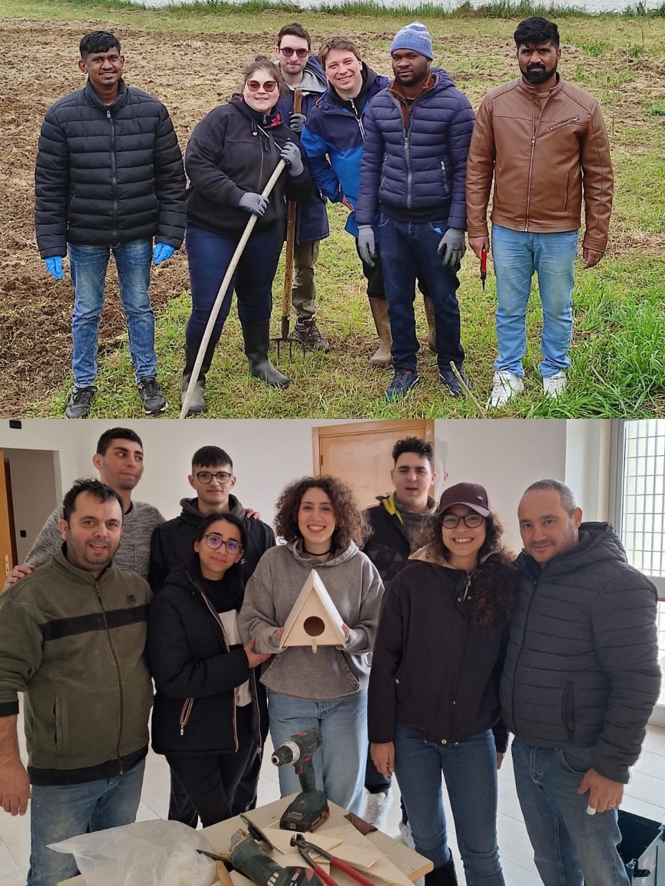 In alto, sei giovani partecipanti del laboratorio nell'orto. Una ragazza tiene in mano una zappa. Nella foto in basso sei giovani e due formatori. La ragazza al centro tiene in mano un triangolo di legno forato al centro. Davanti al gruppo, un tavolo con sopra degli attrezzi tra cui un trapano e delle pinze.