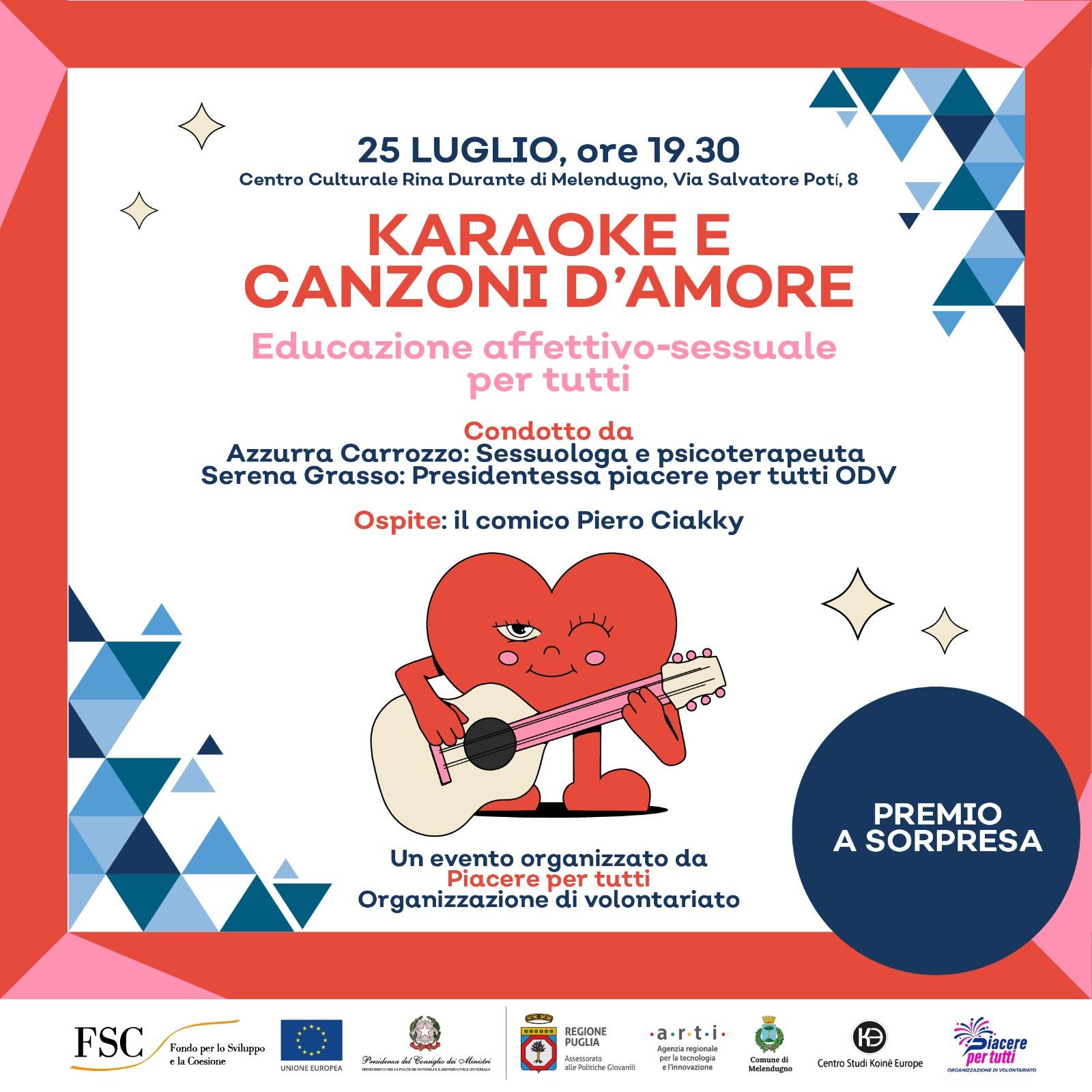 Locandina Karaoke e Canzoni d'amore, evento dedicato al benessere sessuale organizattao dal Nodo di Carapelle e l'organizzazione di volontariato Piacere per tutti.