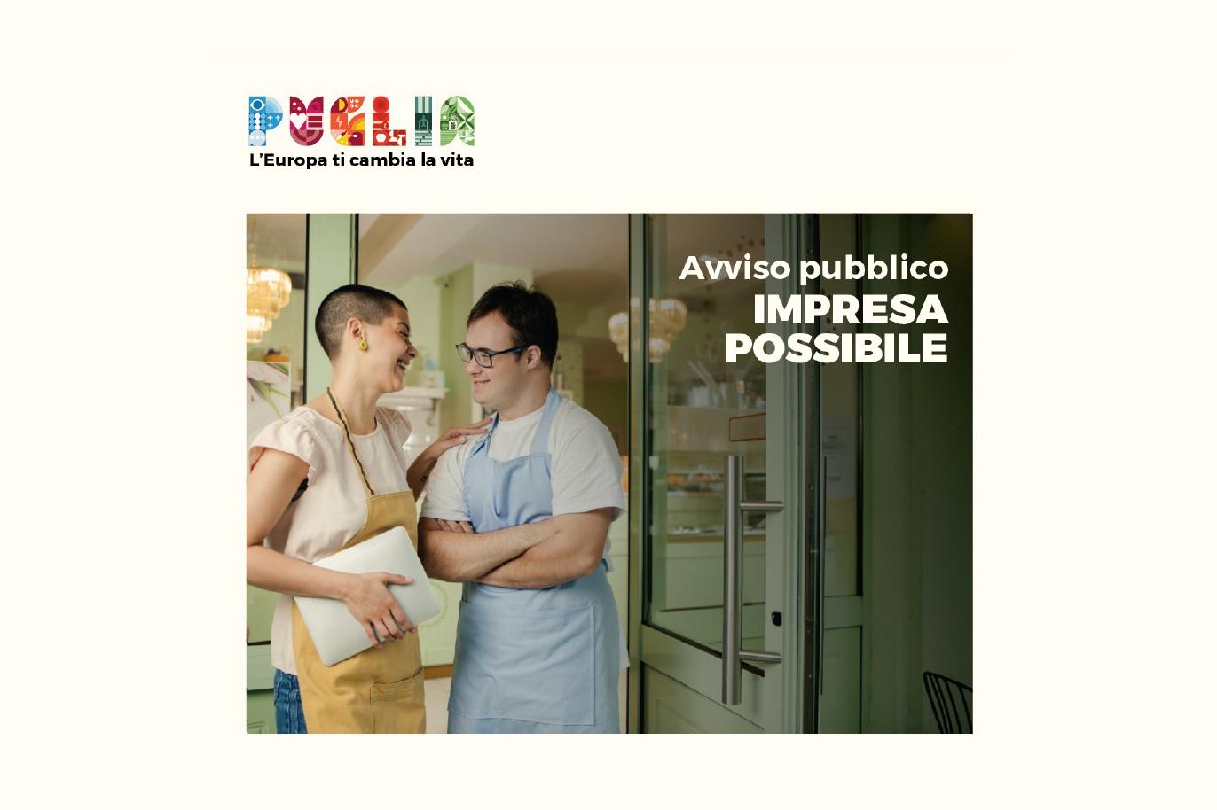 Locandina avviso pubblico "Impresa Possibile", raffigurante due persone sorridenti che interagiscono in un ambiente lavorativo, promuovendo l'iniziativa