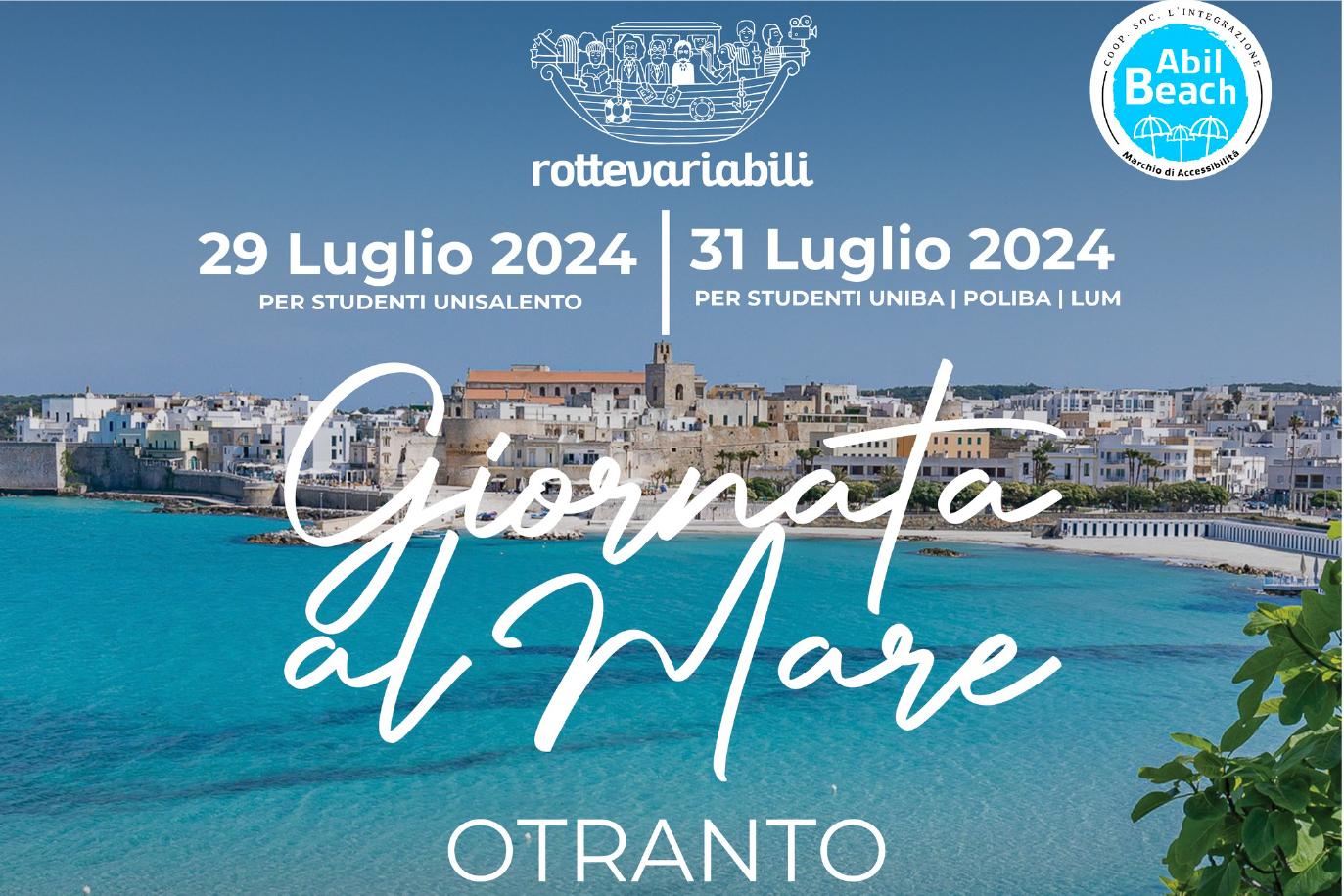 Locandina dell'evento "Giornata al Mare" che si svolgerà a Otranto il 29 luglio per gli studenti Unisalento e il 31 luglio per gli studenti Uniba, Poliba e Lum.