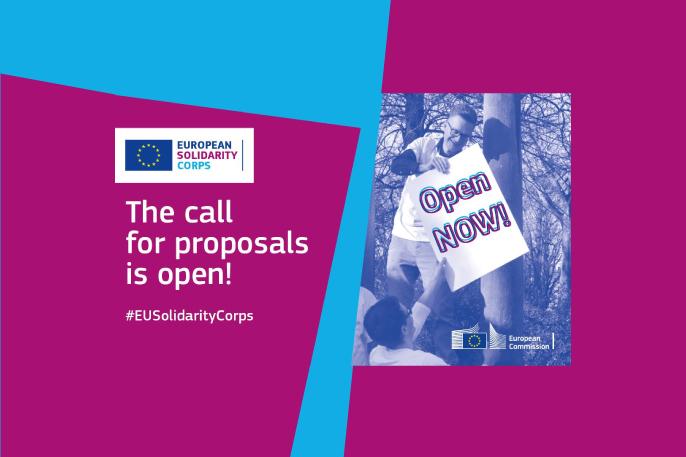 Locandina del Corpo Europeo di Solidarietà dell'open call 2024 per invitare alla presentazione di progetti di solidarietà