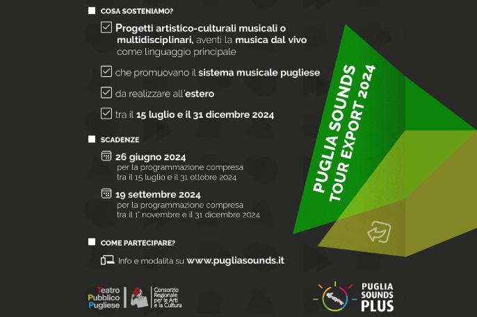 Infografica "Puglia Sound Tour Export 2024" con dettagli su progetti musicali e scadenze.