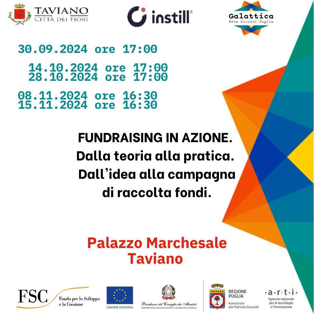 Locandina del ciclo di incontri Fundraising in Azione, organizzato dal Nodo di Taviano e il Comune di Taviano, che si terranno presso il Palazzo Marchesale