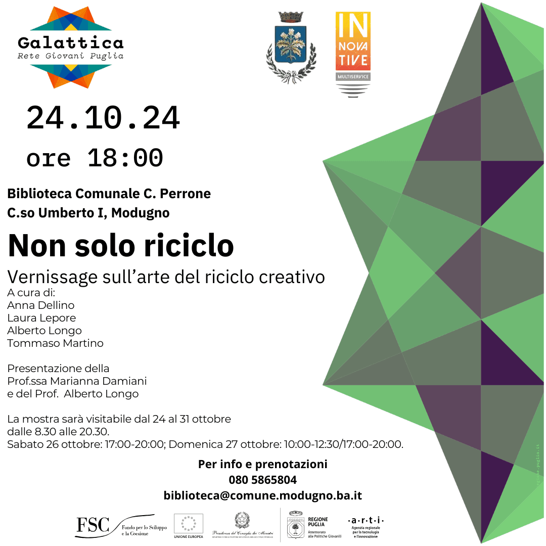 Infografica dell’evento Non solo riciclo, un vernissage sull’arte del riciclo creativo organizzato dal Nodo di Modugno