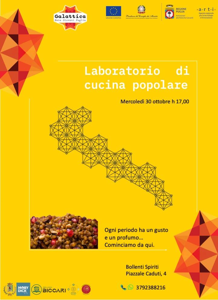 Inforgrafica del laboratorio di cucina popolare, tre incontri dedicati alla cucina tradizionale presso Bollenti Spiriti, Biccari.