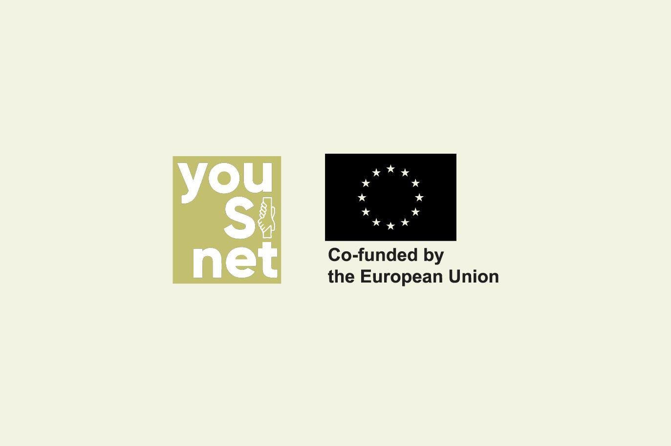 Logo di YouSiNet e di Eu Projects su sfondo verde pastello