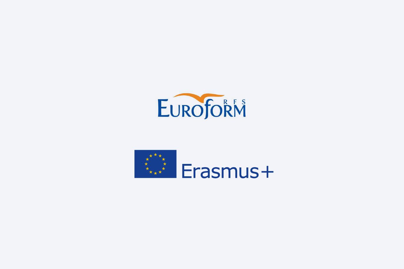 Loghi di Euroform RFS ed Erasmus+ su sfondo celeste chiaro