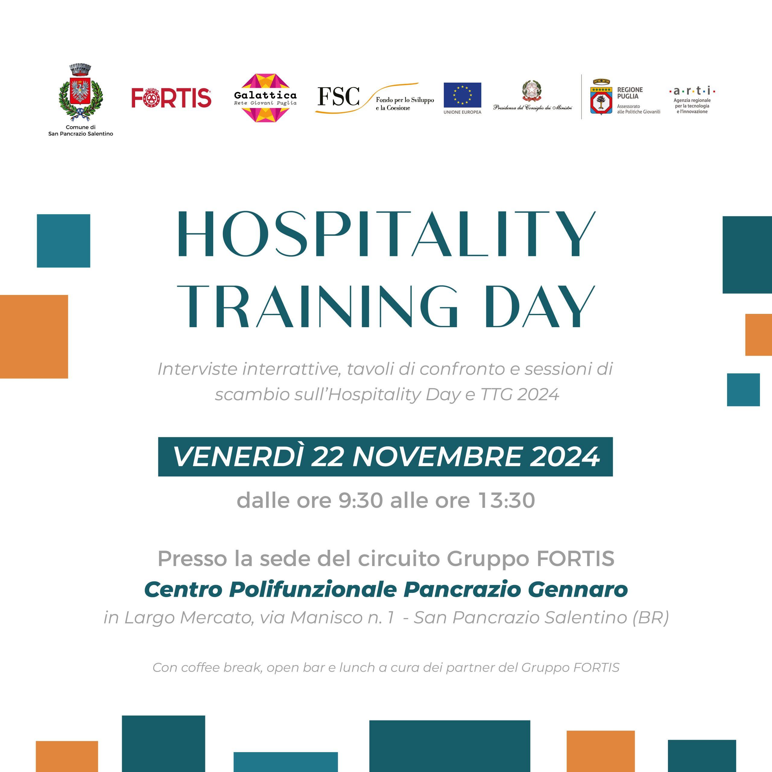 Locandina dell'evento 'Hospitality Training Day' del 22 novembre 2024, organizzato dal Gruppo FORTIS e Galattica a San Pancrazio Salentino