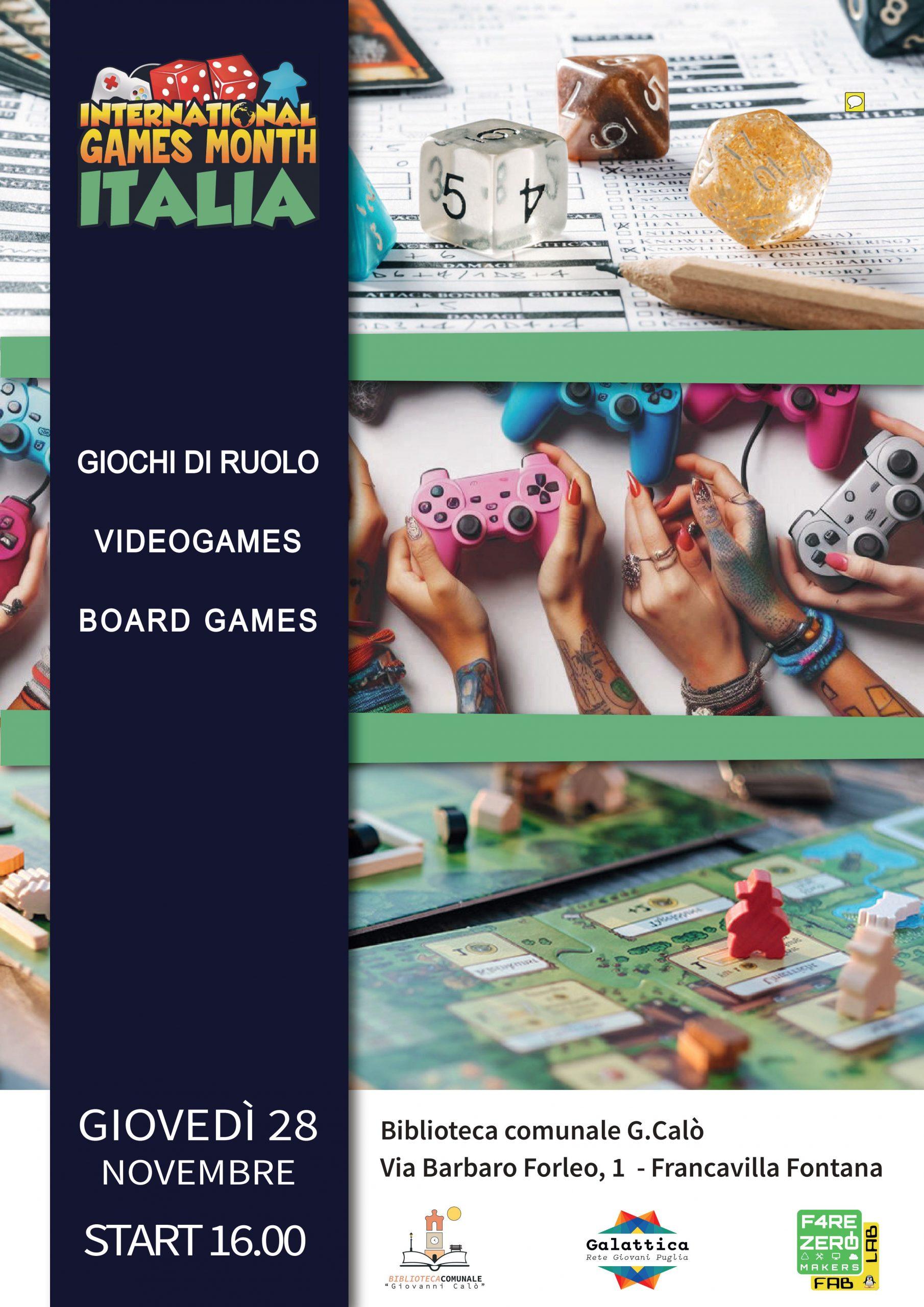 Locandina dell'evento International Games Month Italia, con immagini di dadi, console per videogiochi e giochi da tavolo, programmato per giovedì 28 novembre presso la Biblioteca Comunale G. Calò a Francavilla Fontana
