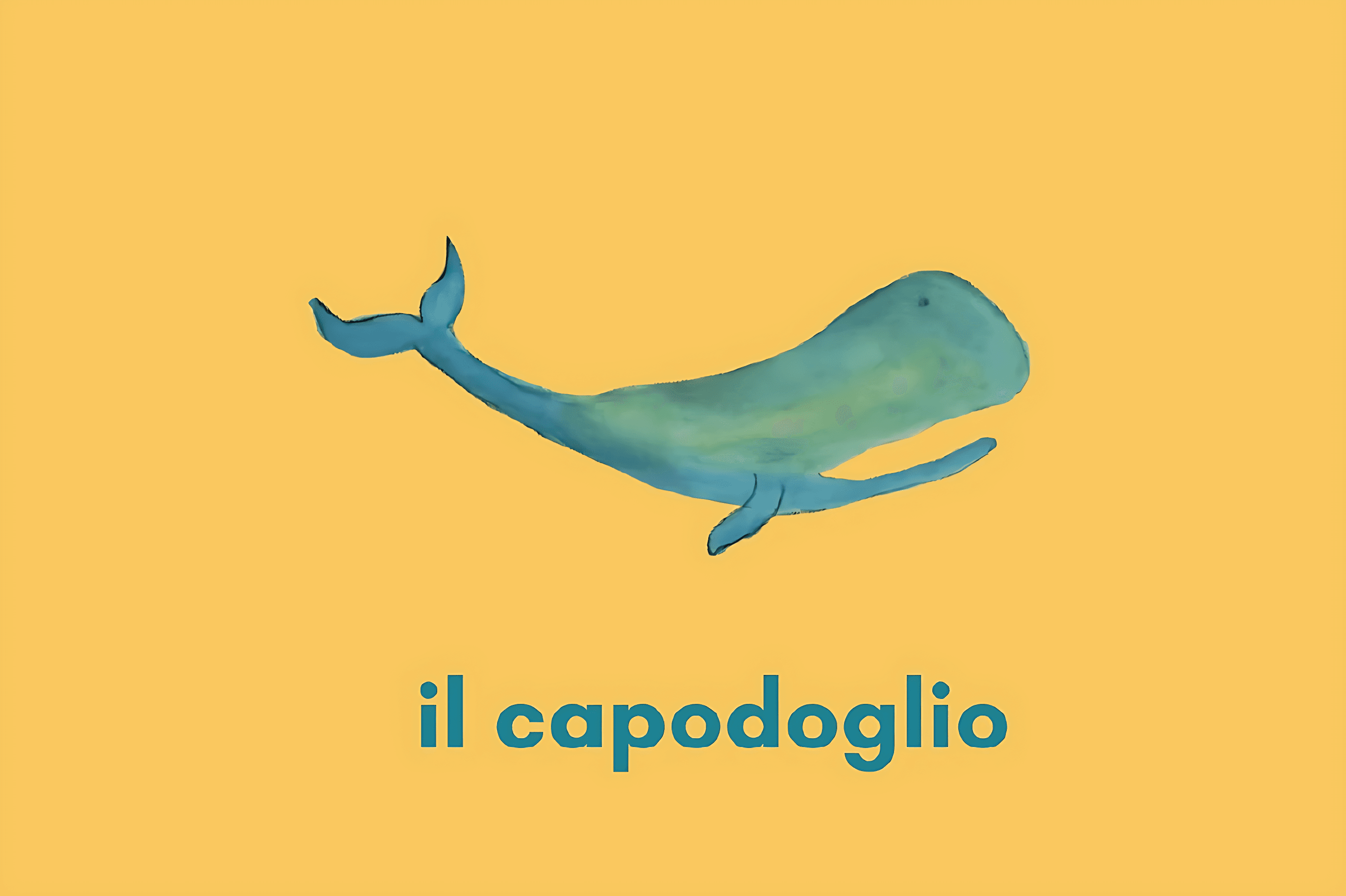 Illustrazione di un capodoglio su sfondo giallo con la scritta il capodoglio