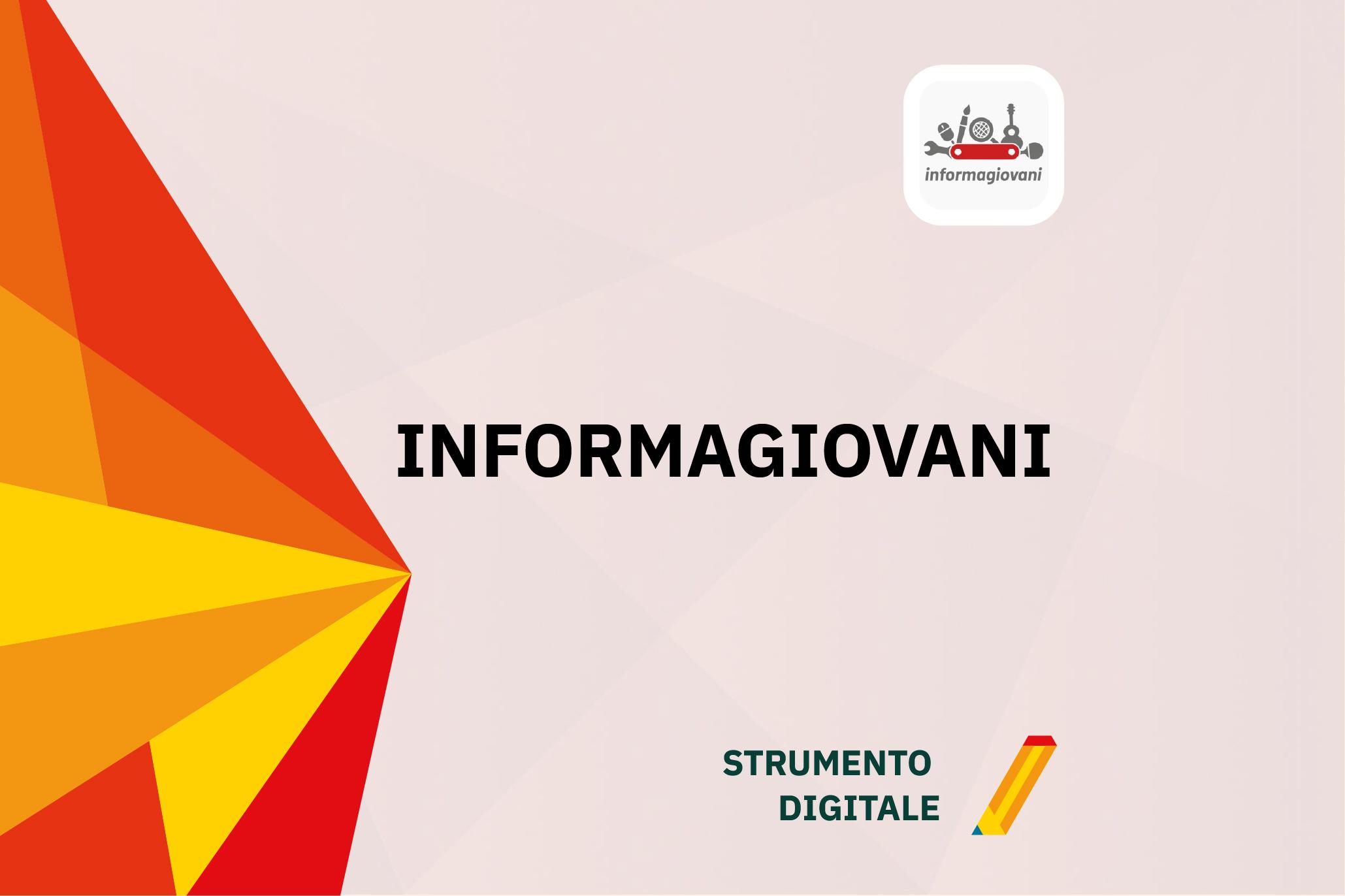 Locandina dello strumento digitale Informagiovani con logo e motivi geometrici colorati