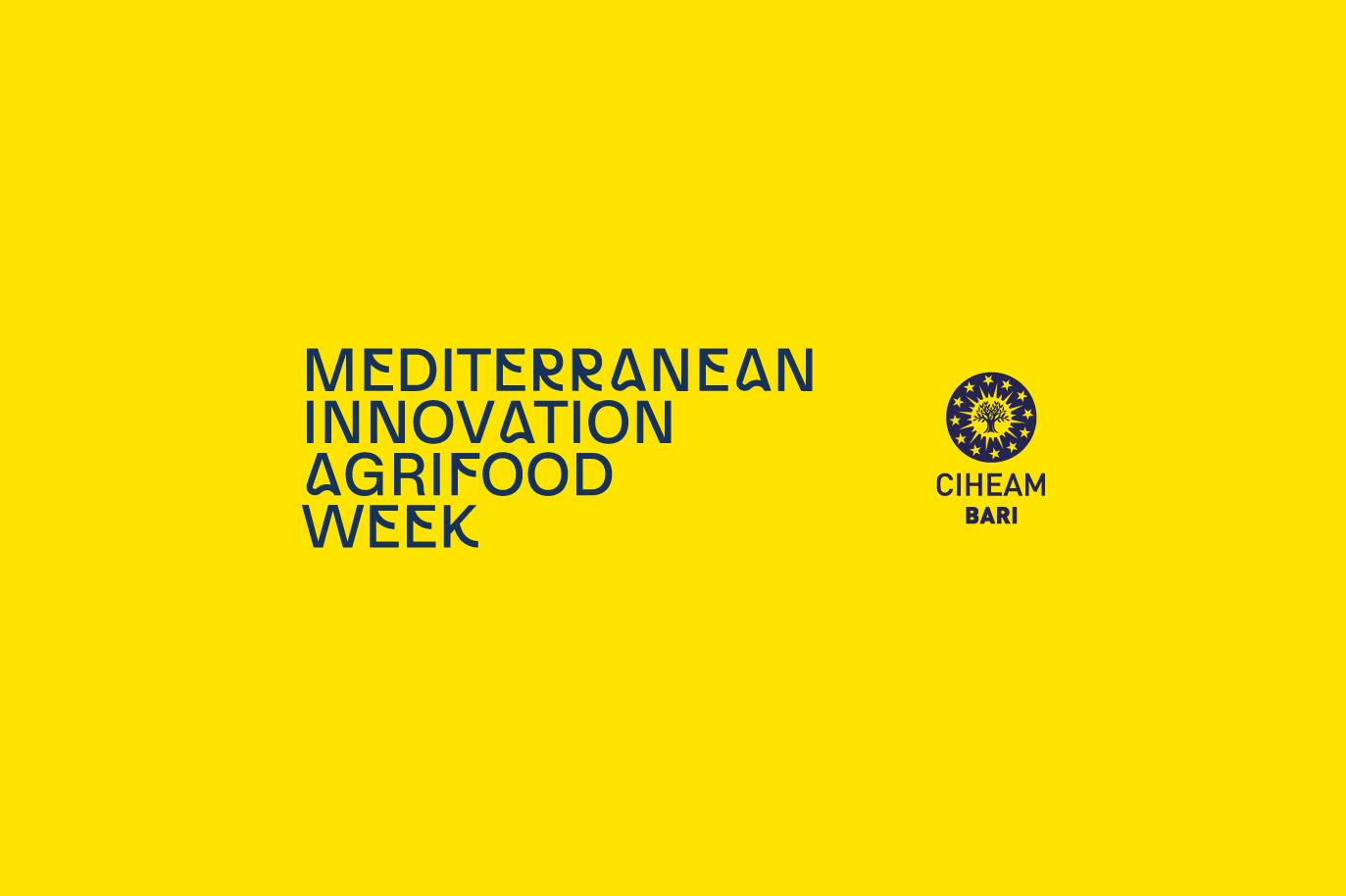 Logo della Mediterranean Innovation Agrifood Week, organizzata da CIHEAM Bari, con sfondo giallo e scritta blu