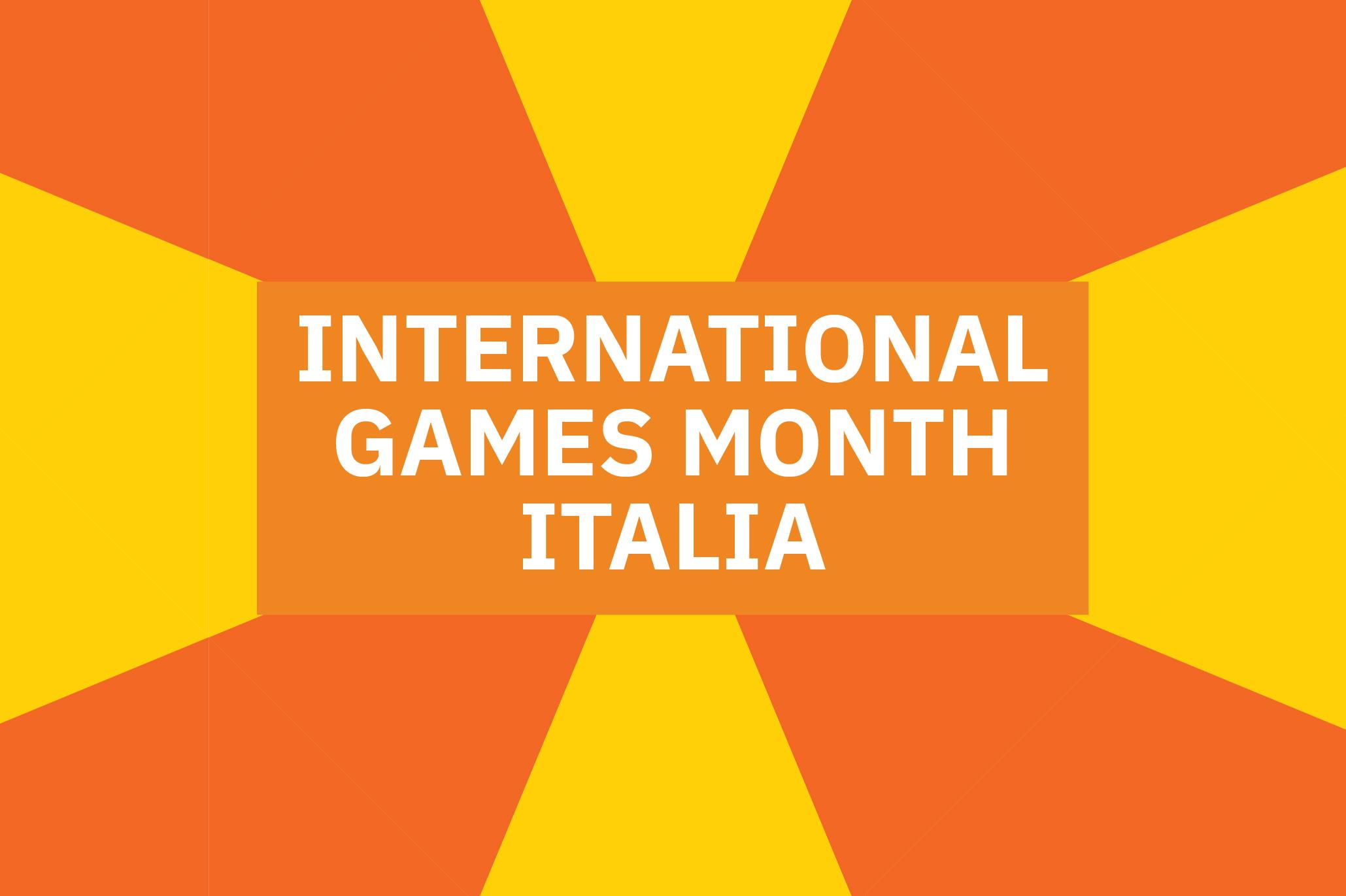 Banner grafico con il titolo International Games Month Italia in caratteri bianchi su sfondo arancione e giallo