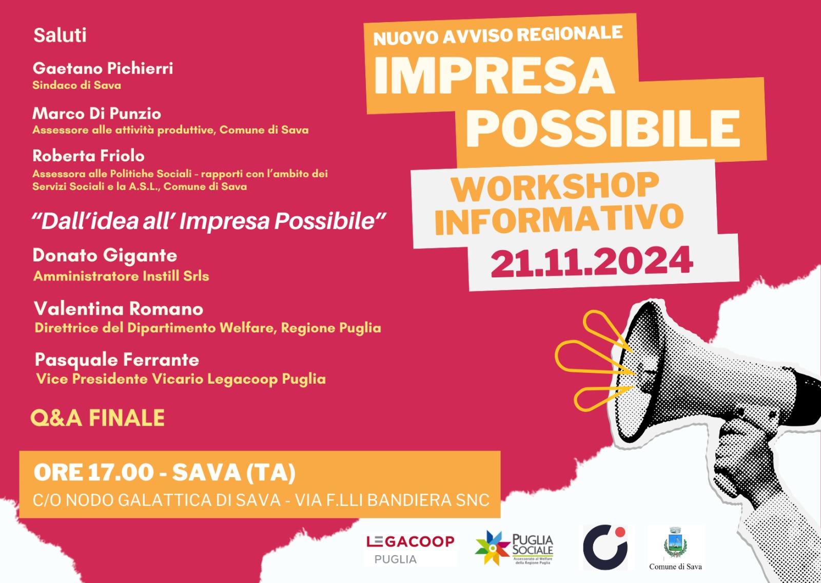 Locandina del workshop informativo Dall'idea all'Impresa Possibile a Sava, con interventi istituzionali e sessione di Q&A