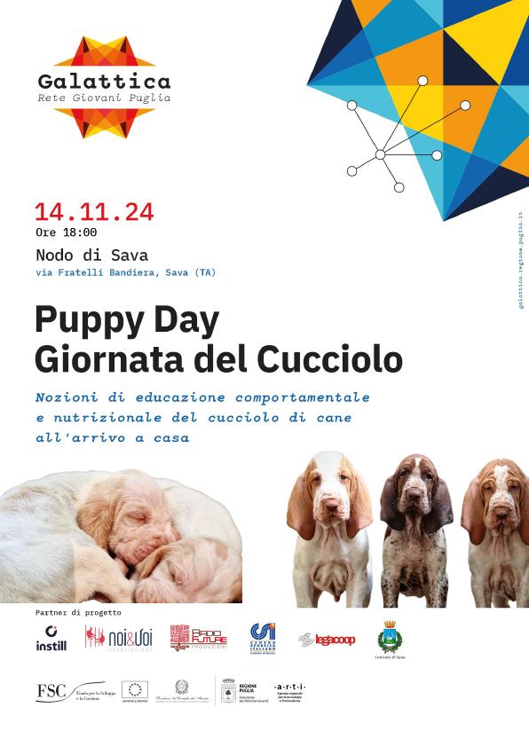 Locandina del Puppy Day al Nodo di Sava il 14 novembre, con focus su educazione comportamentale e nutrizionale dei cuccioli di cane