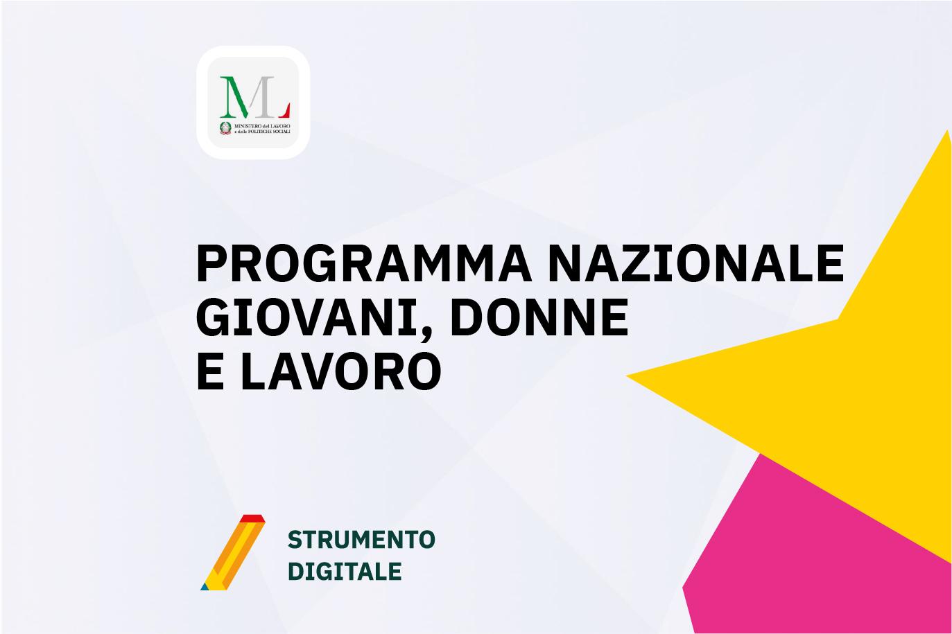 Copertina dello strumento digitale Programma Nazionale Giovani, Donne e Lavoro con logo del Ministero del Lavoro e design colorato e geometrico