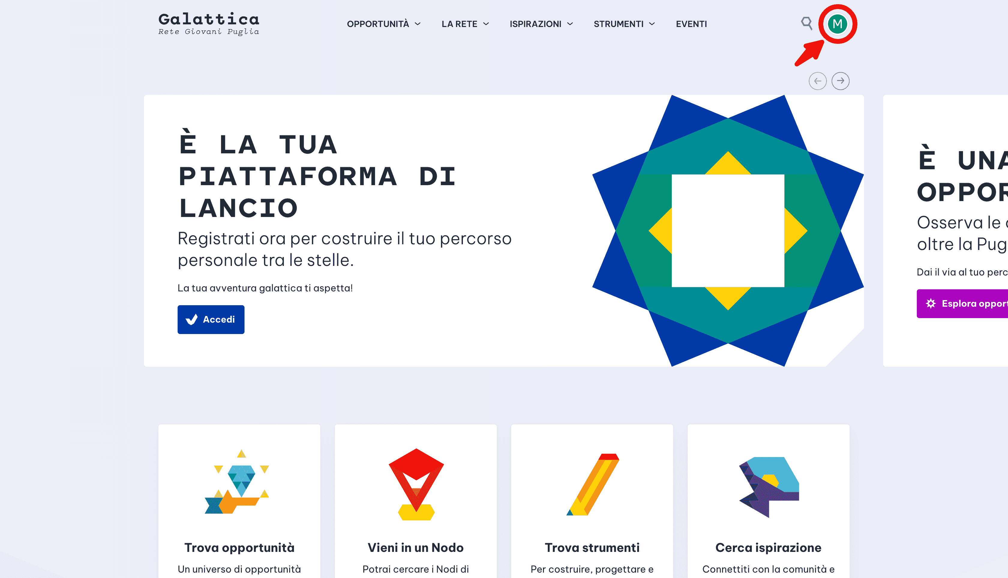 Accedi al menu del profilo in alto a destra