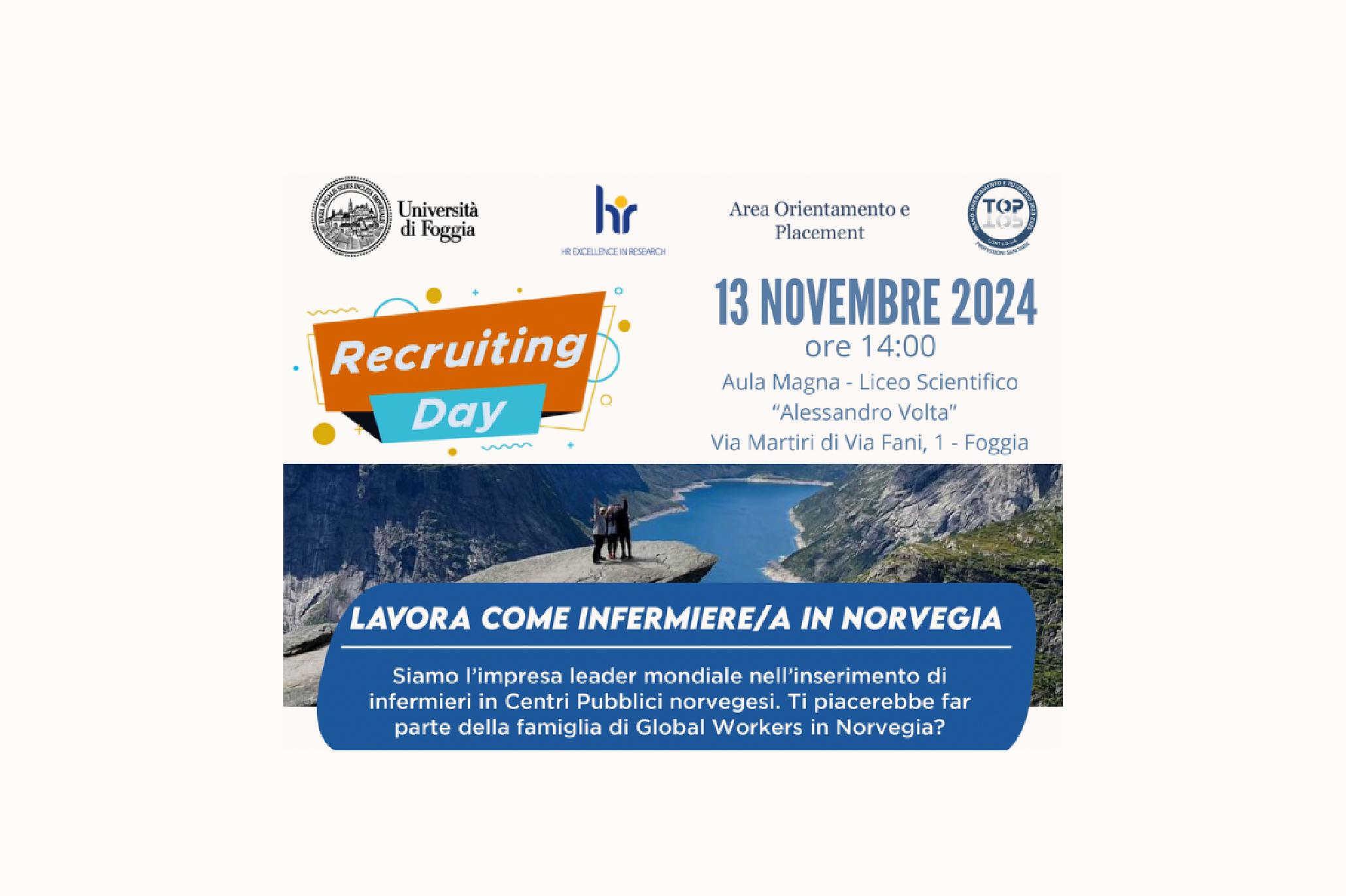 Locandina del recruiting day presso il Liceo Scientifico “Alessandro Volta” di Foggia per il reclutamento di infermieri da inserire nei centri pubblici norvegesi