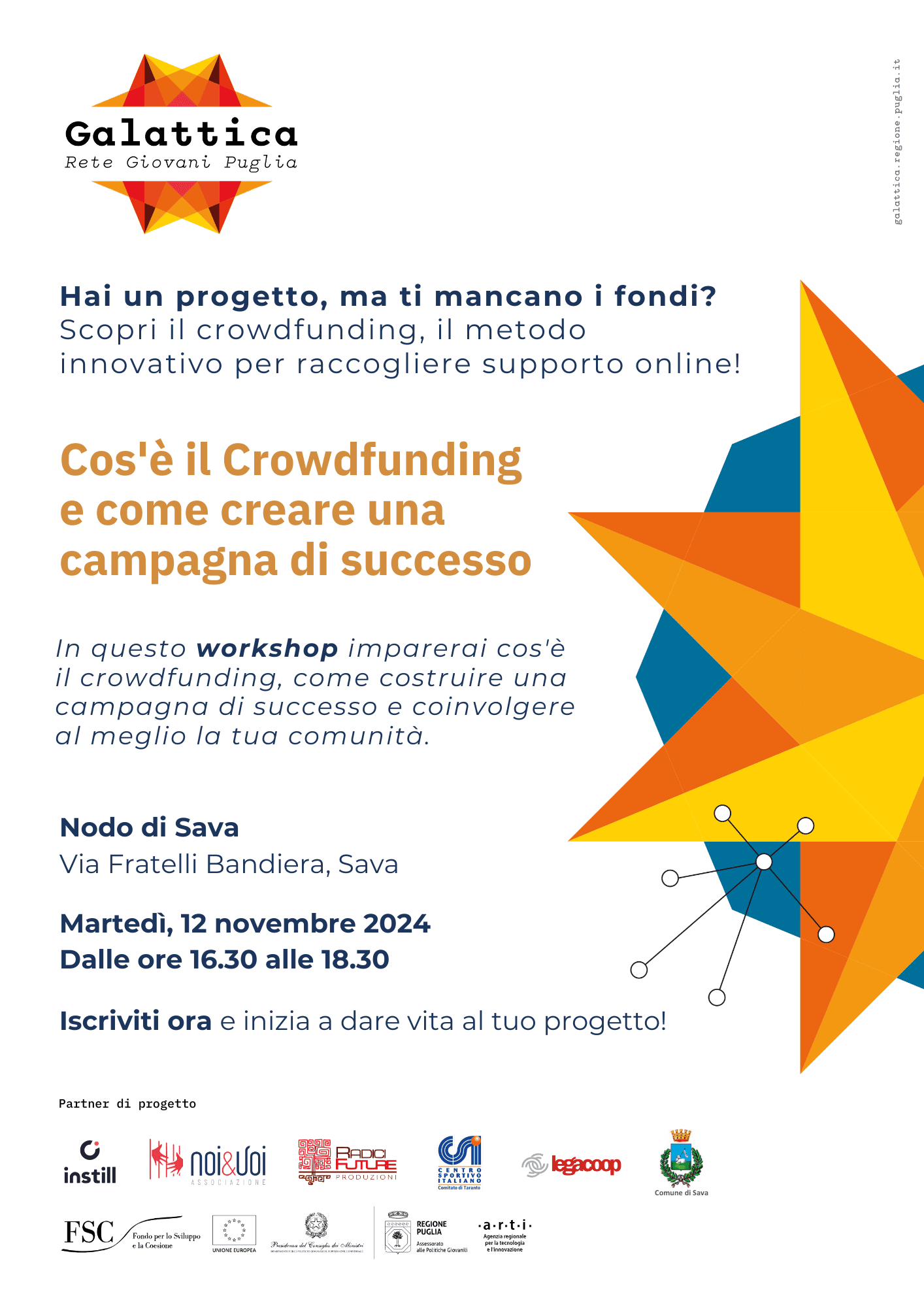 Locandina del workshop sul crowdfunding a Sava, per sviluppare campagne di successo e coinvolgere la comunità.