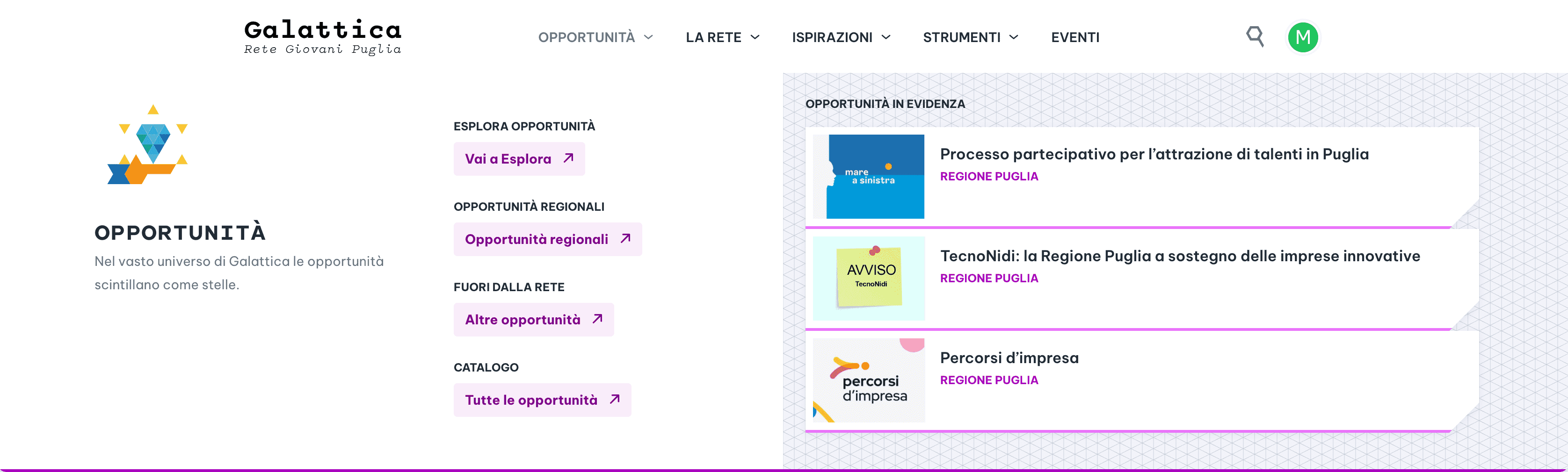 Sezione opportunità, da Menu