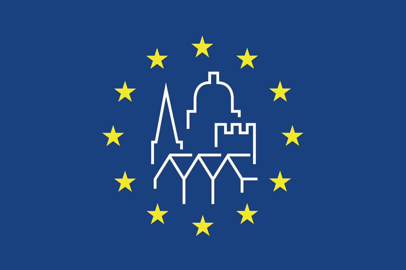 Logo delle Giornate Europee del Patrimonio con stelle gialle su sfondo blu e icone stilizzate di edifici