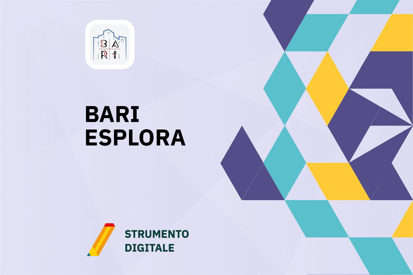 Testo "Bari Esplora" e logo dell'app Bari Esplora su sfondo viola pastello con figura geometrica colorata