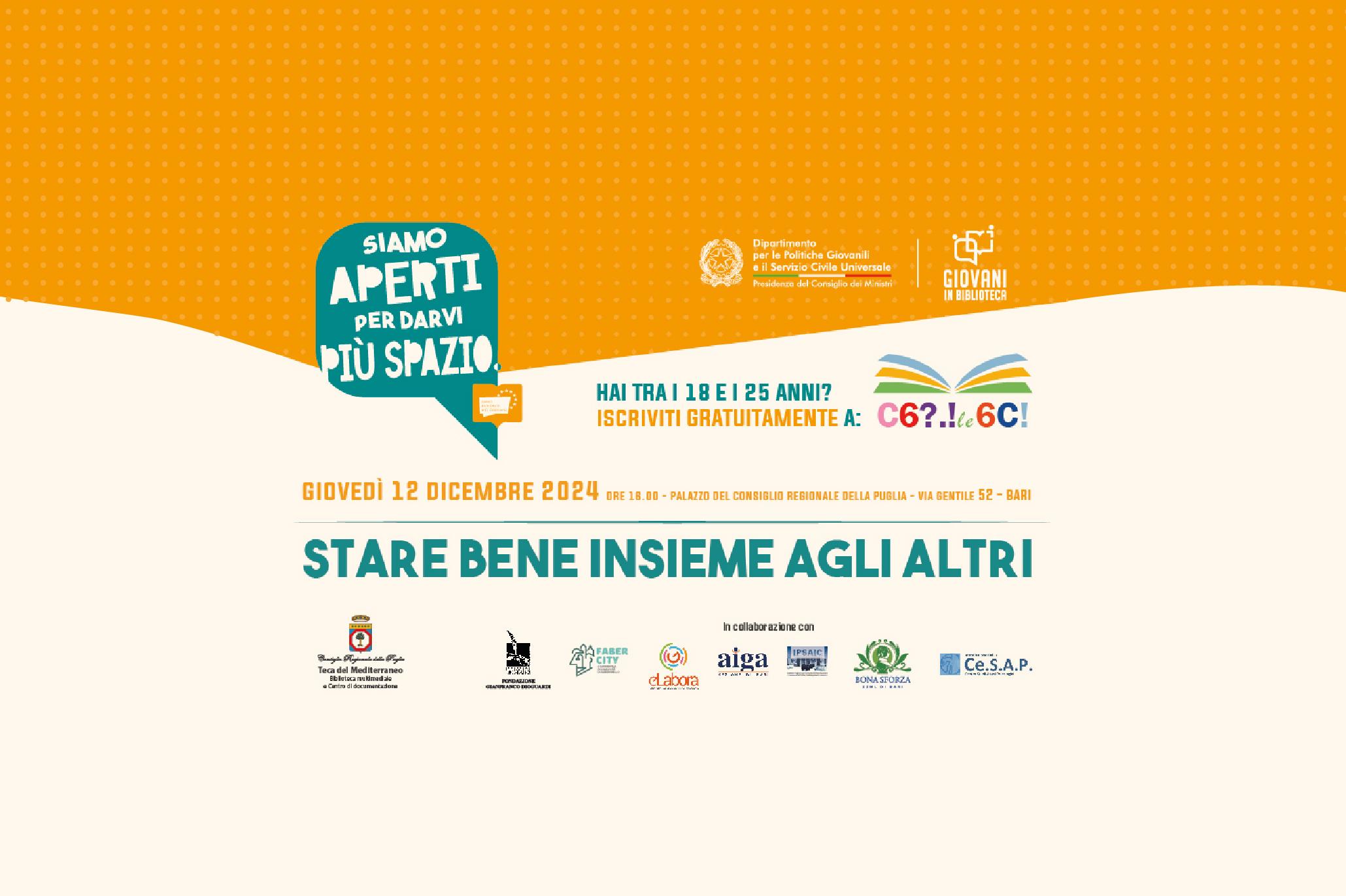 Locandina dell'evento "Stare Bene Insieme agli Altri" organizzato dalla Teca del Mediterraneo, in programma giovedì 12 dicembre 2024 presso il Palazzo del Consiglio Regionale della Puglia, Via Gentile 52, Bari