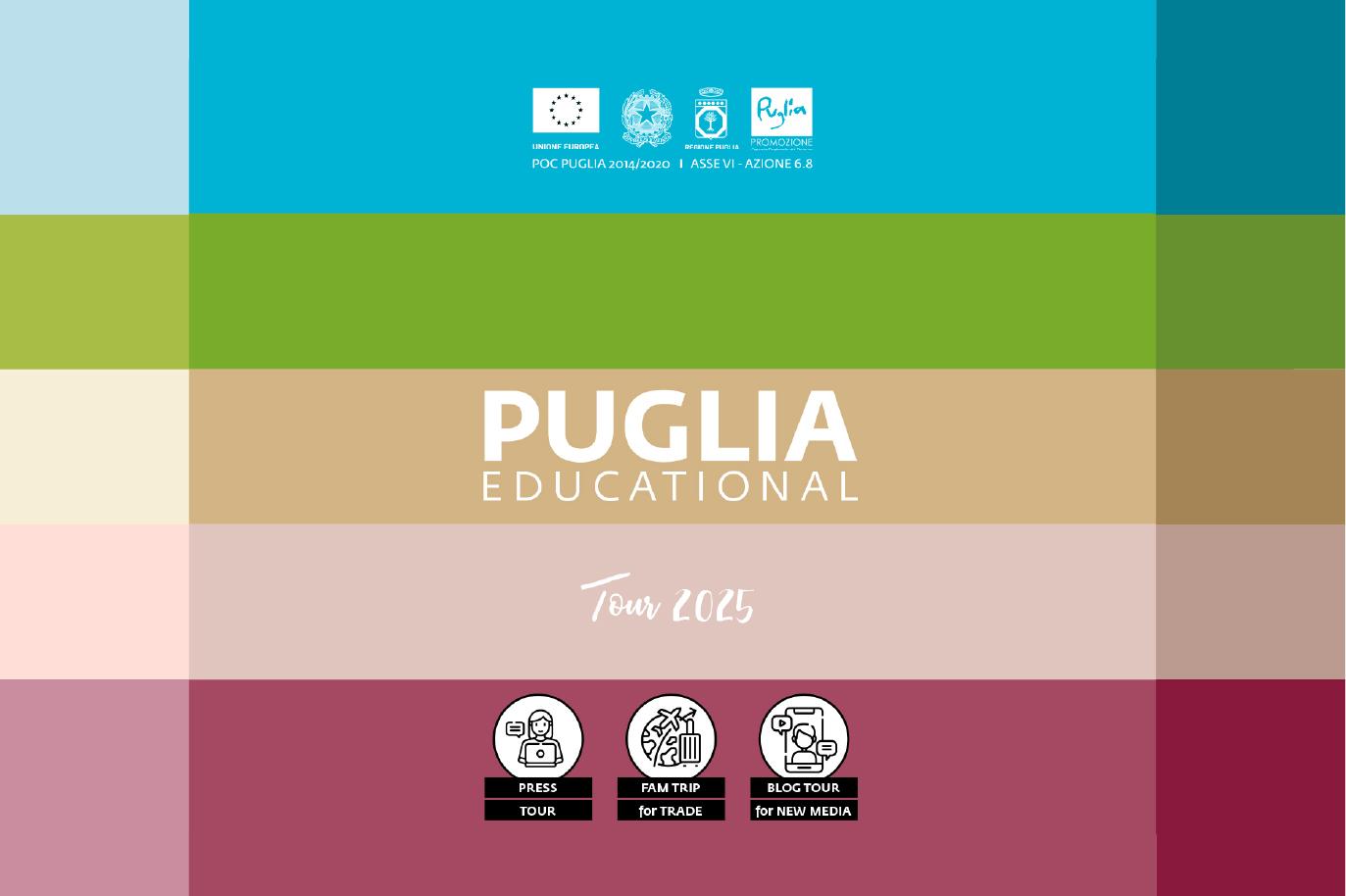 Web banner del Puglia Educational Tour 2025, caratterizzata da strisce colorate orizzontali e icone che rappresentano i percorsi Press Tour, Fam Trip e Blog Tour.