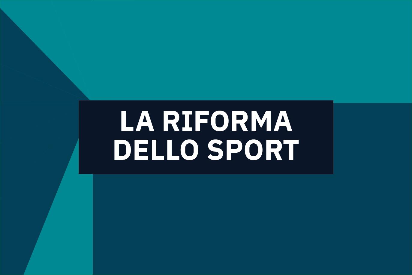 Banner web per l'evento "La Riforma dello Sport" con sfondo astratto blu-verde.