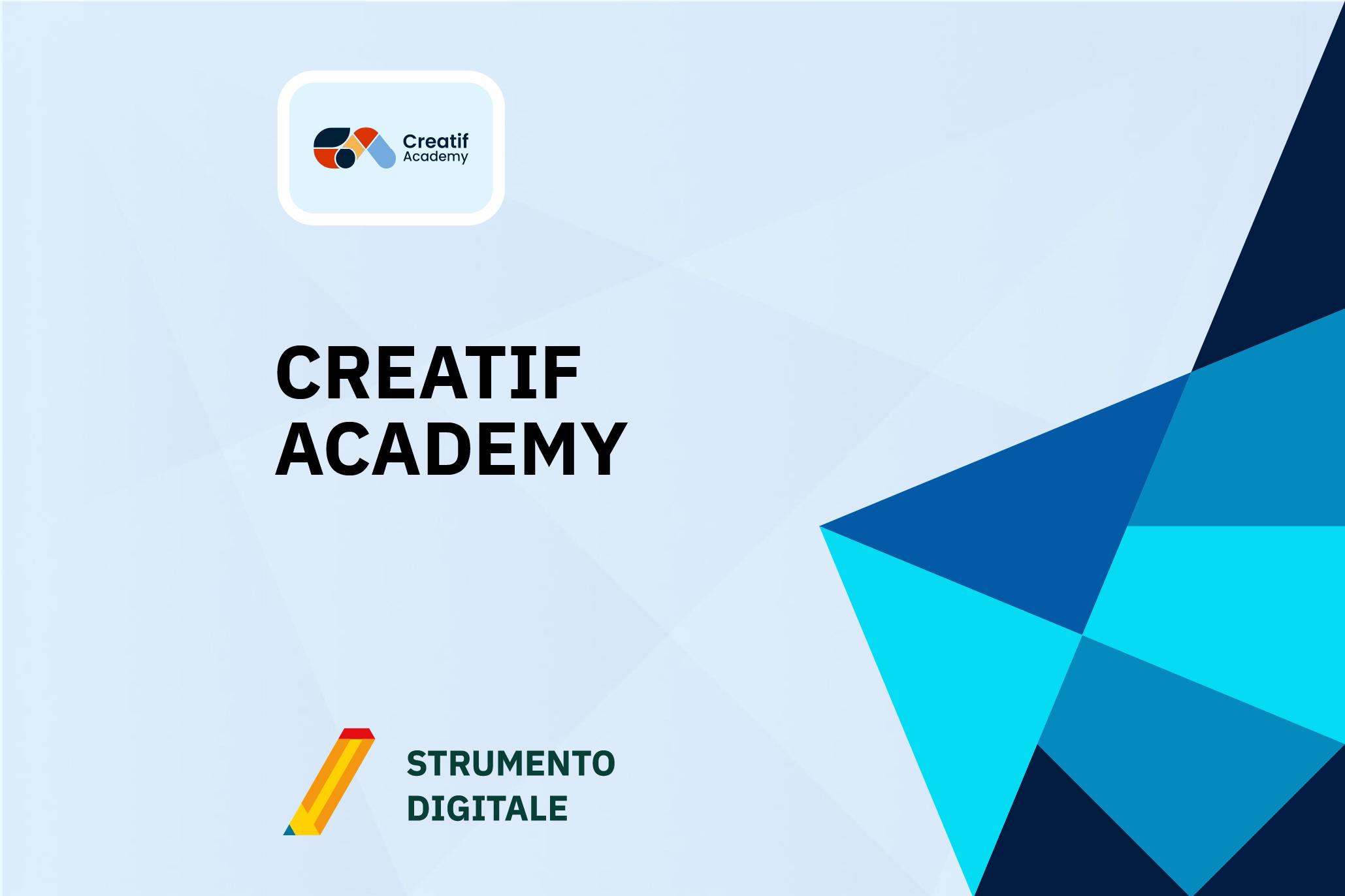 Grafica con il logo Creatif Academy e testo "Strumento Digitale" su sfondo chiaro con forme geometriche blu