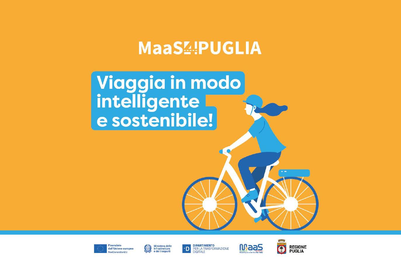 Illustrazione promozionale di MaaS4Puglia con una donna in bicicletta su sfondo giallo e il messaggio "Viaggia in modo intelligente e sostenibile