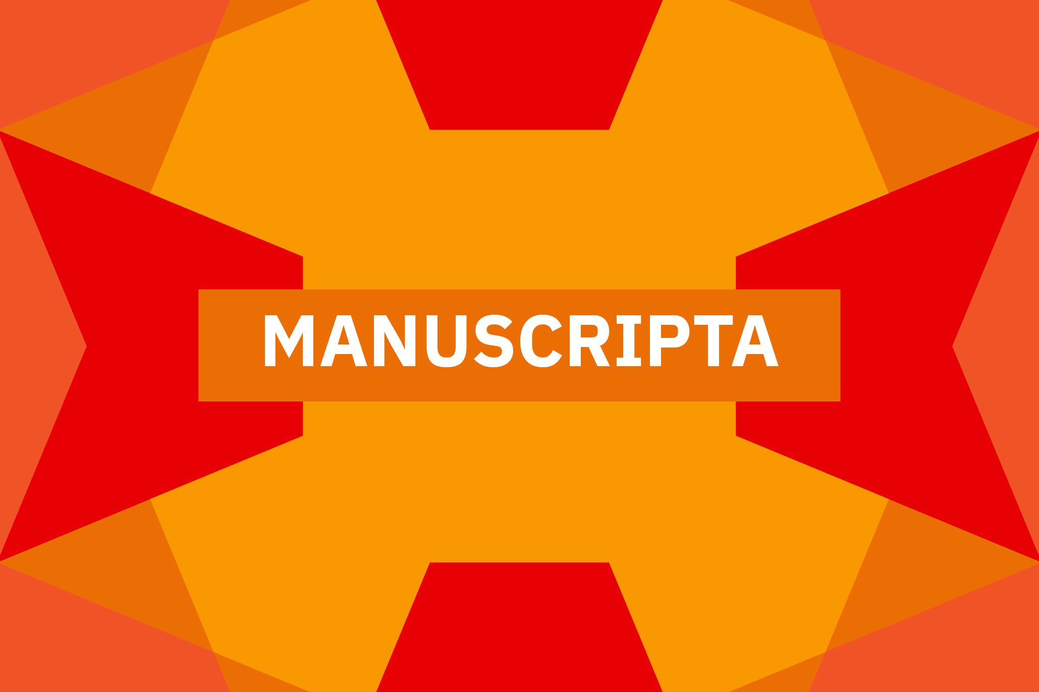 Banner web con uno sfondo geometrico in tonalità di rosso e arancione. Al centro, una fascia orizzontale evidenzia il nome "MANUSCRIPTA" in caratteri bianchi.