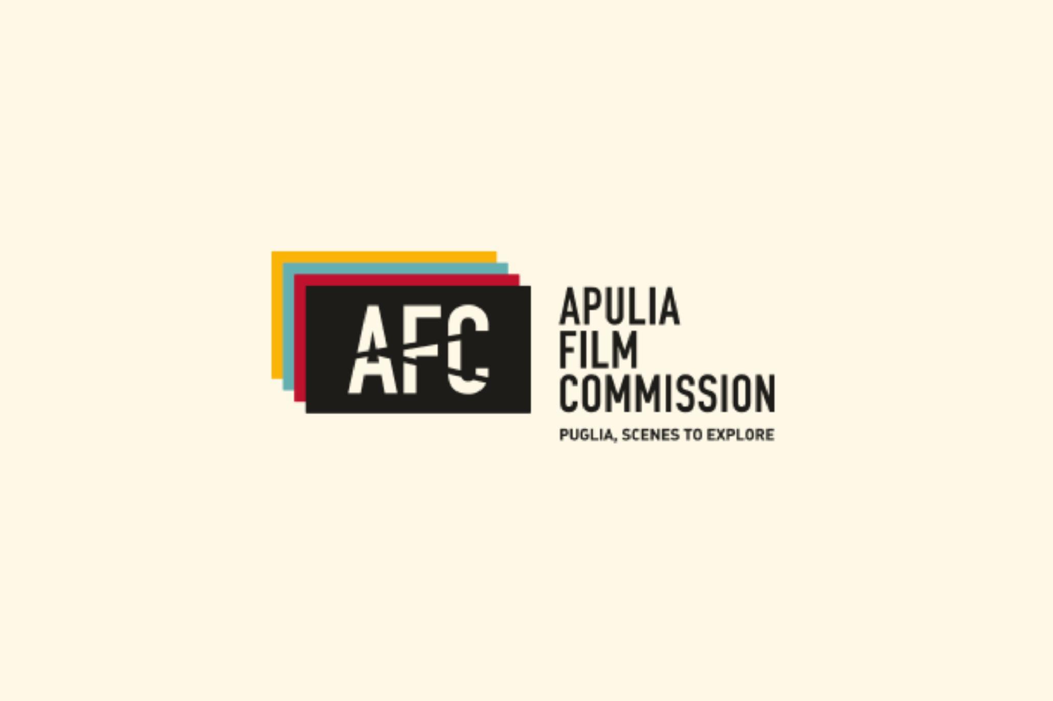 Logo di Apulia Film Commission con acronimo AFC e slogan "Puglia, Scenes to Explore" su sfondo chiaro