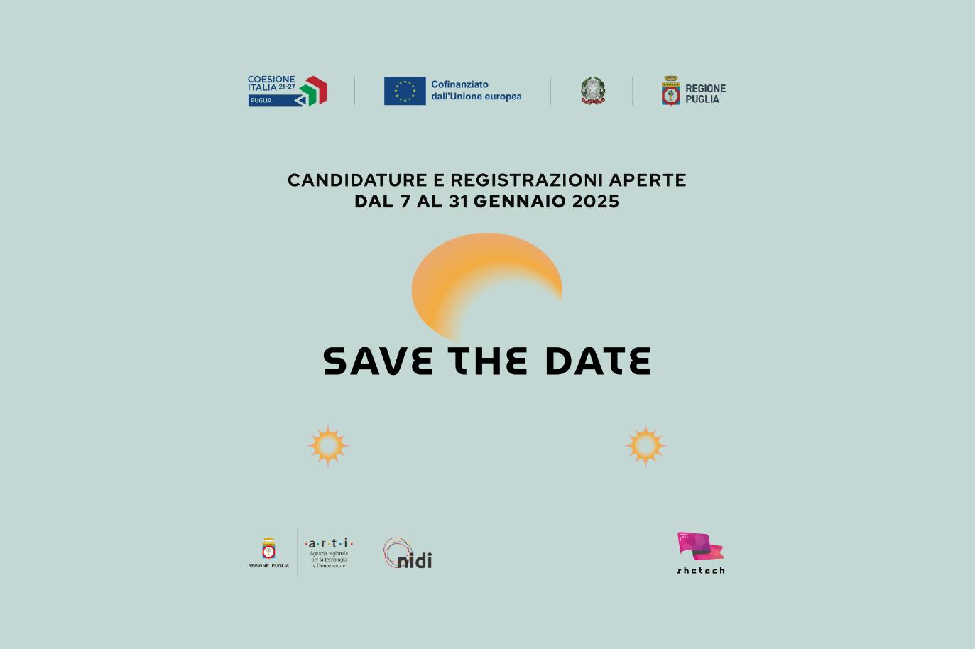 Locandina del Winter Camp NIDI 2025 con periodo di candidature dal 7 al 31 gennaio 2025. Grafica con logo Regione Puglia, ARTI, SheTech