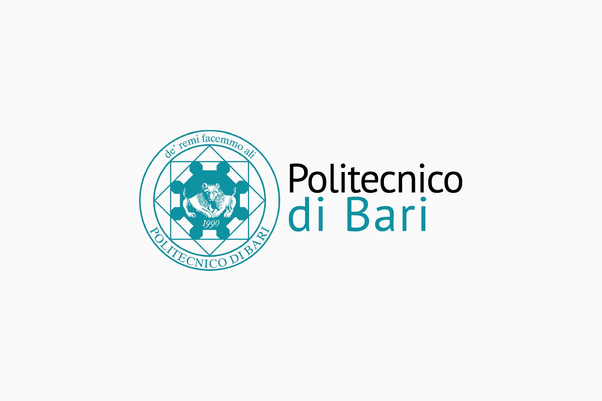 Logo del Politecnico di Bari, con un emblema circolare contenente un toro stilizzato e il motto "De' remi facemmo ali", accanto al nome dell'università in caratteri neri e azzurri.
