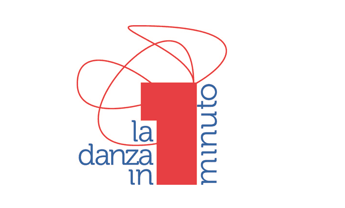 Logo del progetto "La danza in 1 minuto", con un grande numero 1 rosso al centro, avvolto da linee curve rosse e accompagnato da testo blu disposto verticalmente.