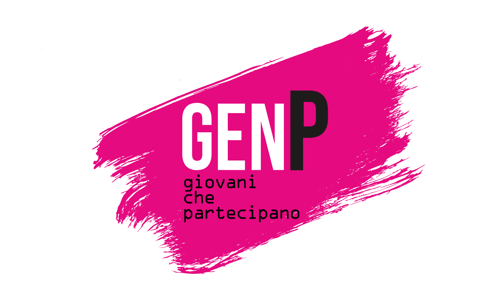Logo di GenP con scritta bianca e nera su pennellata fucsia, accompagnata dalla frase "giovani che partecipano".