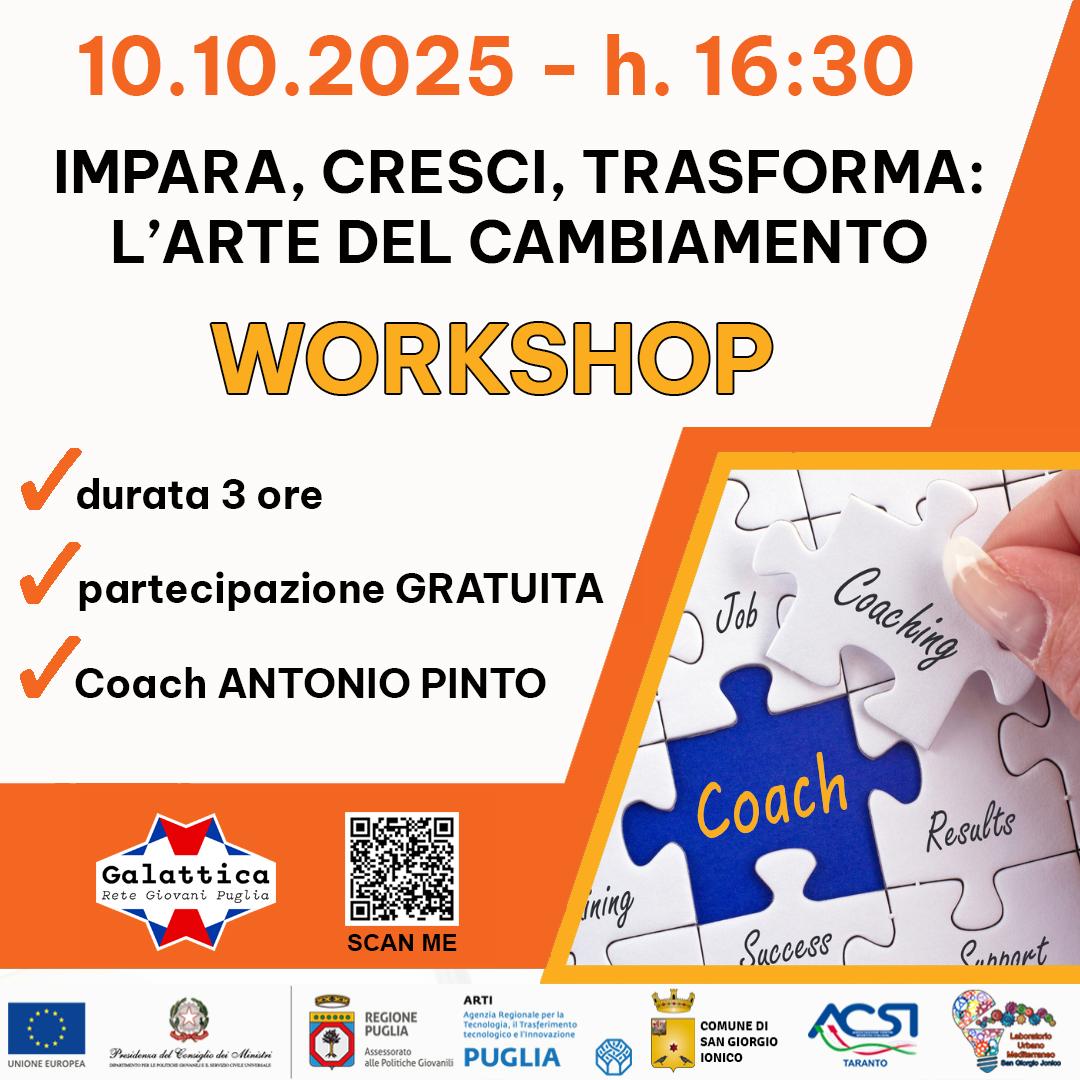 Nell'immagine la card social del workshop GRATUITO di Coaching organizzato dal Laboratorio Urbano Mediterraneo - Nodo Galattica di San Giorgio Jonico
