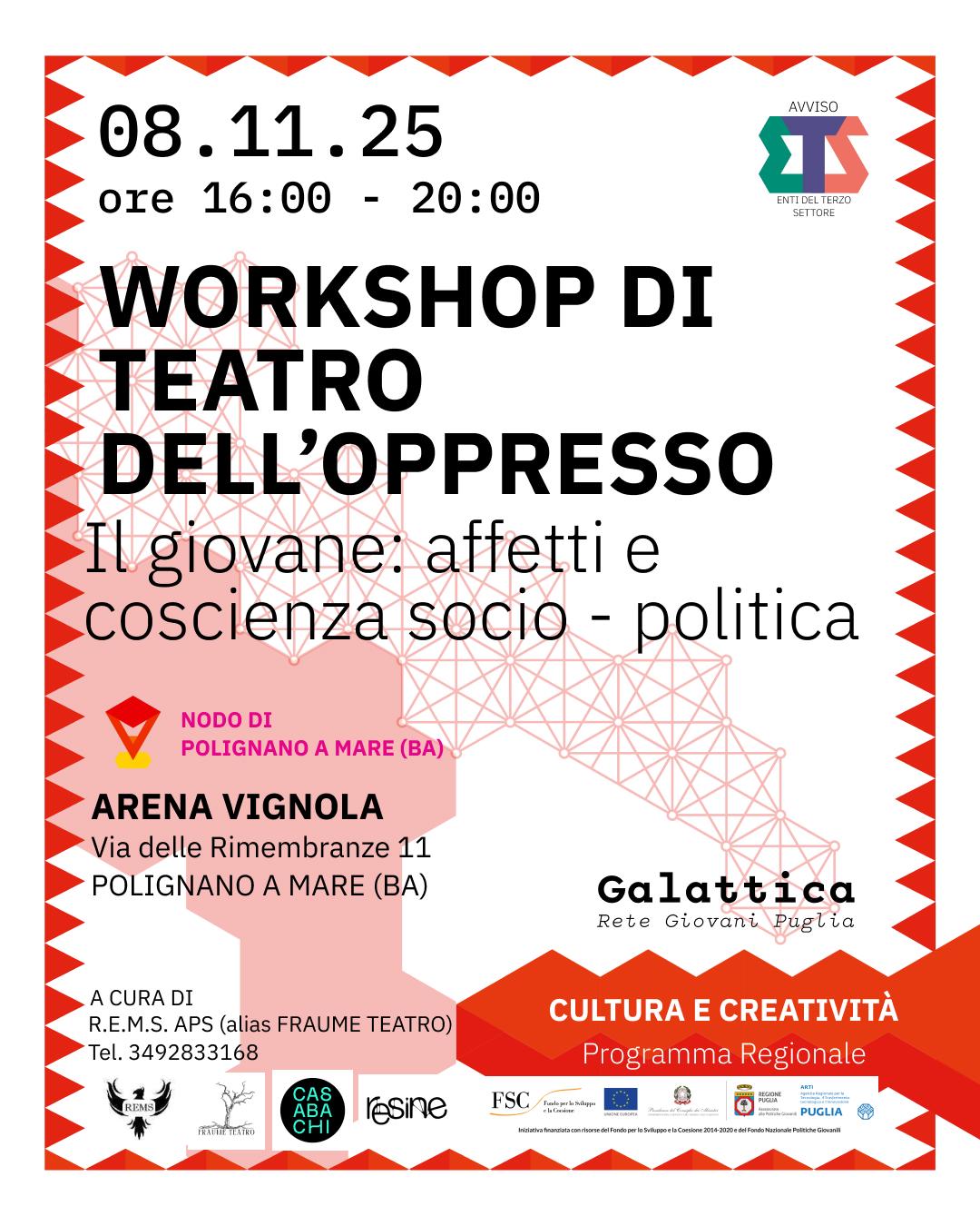 Grafica con toni caldi riguardante l'evento "Workshop di teatro dell'oppresso" contenente le informazioni di luogo e data. Il 08 novembre dalle ore 16 alle ore 20 presso Arena Vignola - Viale delle Rimembranze 11 - Polignano a Mare