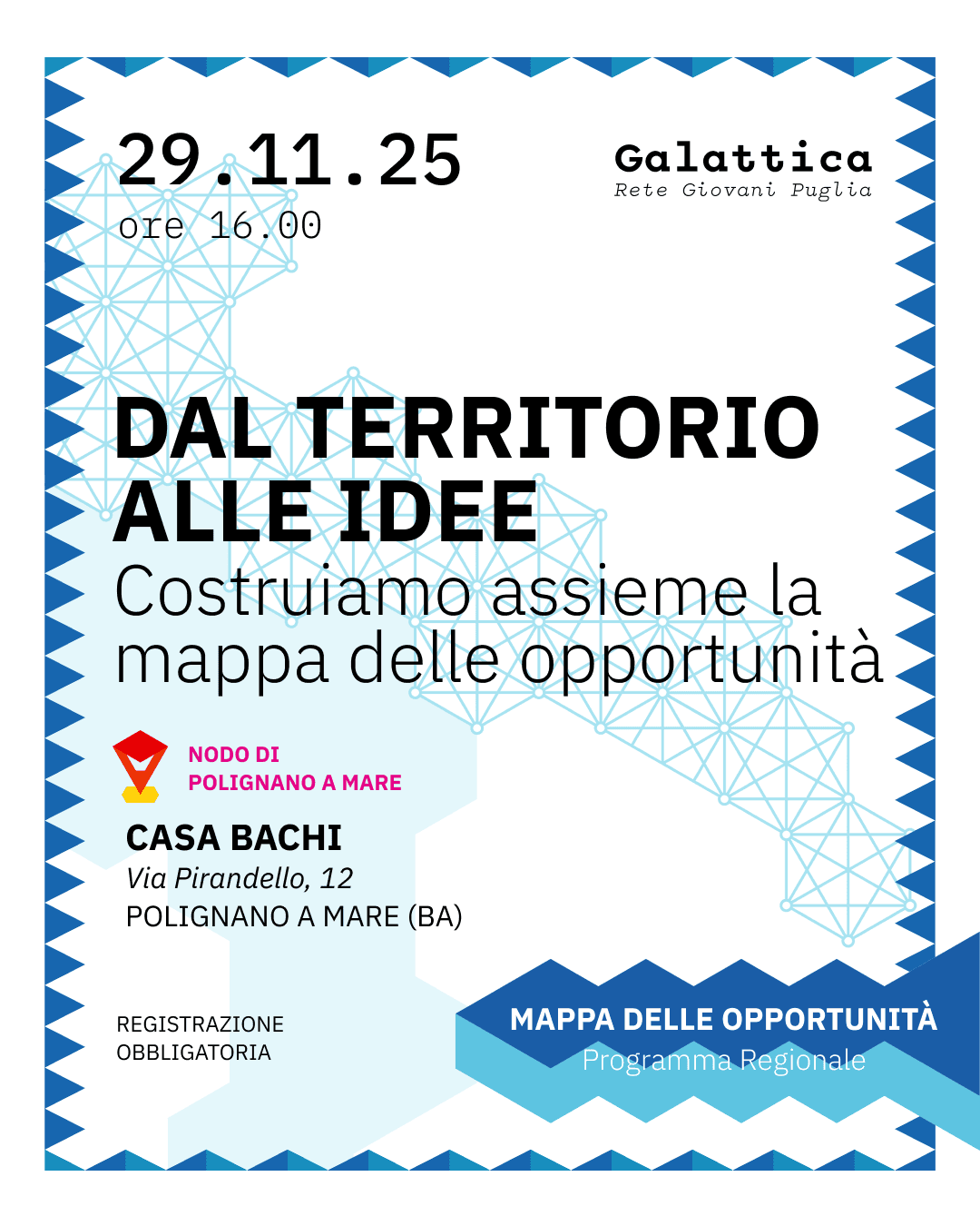 Locandina con colori freschi dell'evento "dal territorio alle idee". Data 29 novembre 2025 presso Casa Bachi