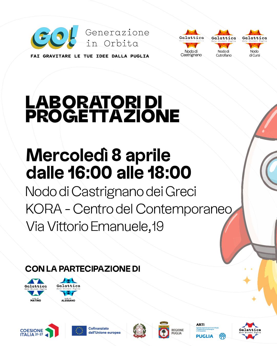 Locandina del progetto “GO! Generazione in Orbita” con titolo “Laboratori di progettazione”. Evento previsto mercoledì 8 aprile dalle 16:00 alle 18:00 presso il Nodo di Castrignano dei Greci, KORA – Centro del Contemporaneo, in via Vittorio Emanuele 19. In alto i loghi Galattica e in basso i partner istituzionali. Grafica con razzo illustrato sulla destra.