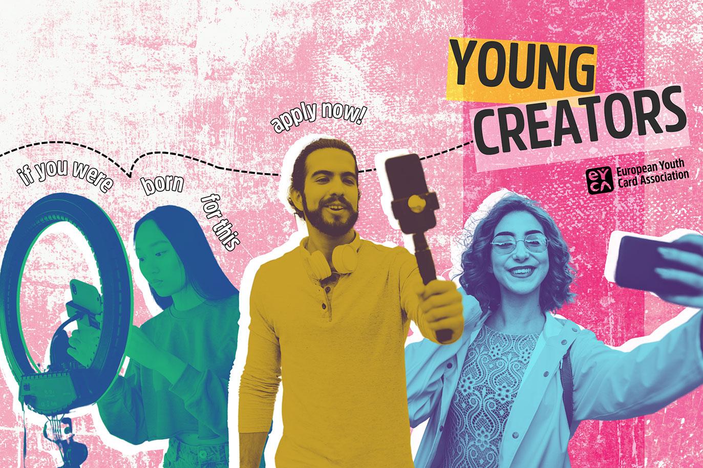 EYCA Open Call Young Creators Logo dell'European Youth Card Association (EYCA) con scritta "Young Creators - apply now!" su sfondo bianco.
