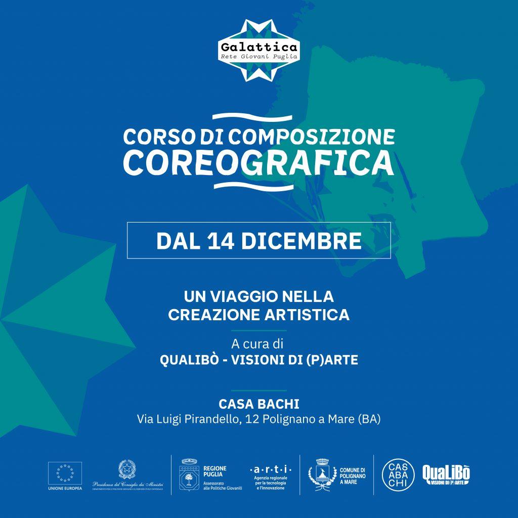 Il contenuto testuale presenta il corso di composizione coreografica, iniziato il 14 dicembre 2025 (attualmente in corso). Sottotitolo: un viaggio nella creazione artistica, a cura di Qualibò - visioni di (p)arte. A seguire è indicato il luogo in cui si svolge: Casa Bachi in via Luigi Pirandello, 12 , Polignano a Mare (BA).