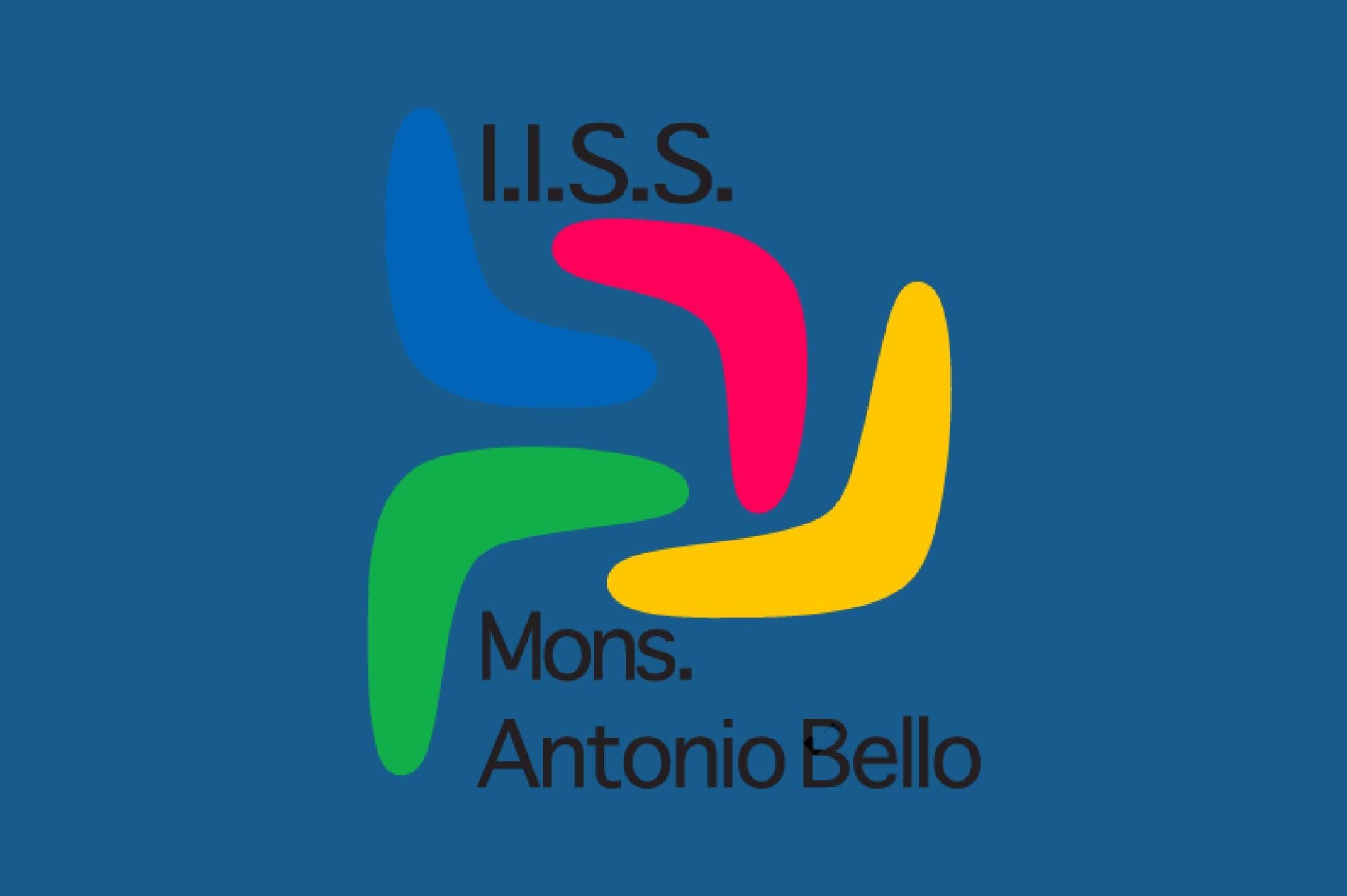 Logo dell'Istituto Mons. Antonio Bello Logo dell'Istituto d'Istruzione Secondaria Superiore Mons. Antonio Bello, con quattro elementi colorati intrecciati su sfondo blu.