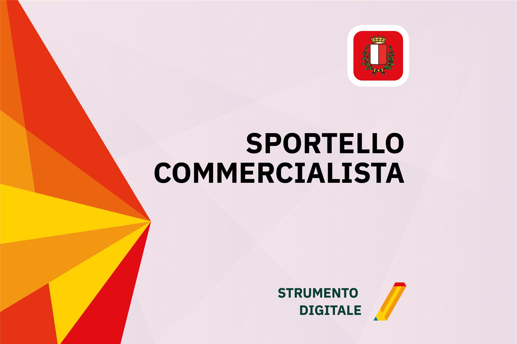 Sportello Commercialista – Supporto fiscale e contabile Banner digitale con il logo del comune di Bari su sfondo rosso, la scritta 'SPORTELLO COMMERCIALISTA' al centro e la dicitura 'STRUMENTO DIGITALE' in basso con un'icona di matita stilizzata. Sfondo geometrico in tonalità rosse, arancioni e gialle