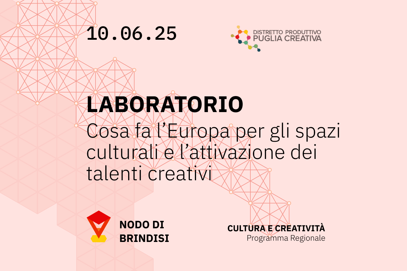Locandina laboratorio per creativi 4.0 Copertina evento laboratorio per creativi 4.0 con data, ora e location dell'evento su sfondo rosa.